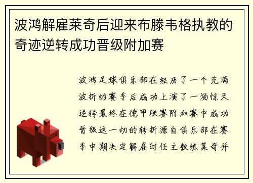 波鸿解雇莱奇后迎来布滕韦格执教的奇迹逆转成功晋级附加赛